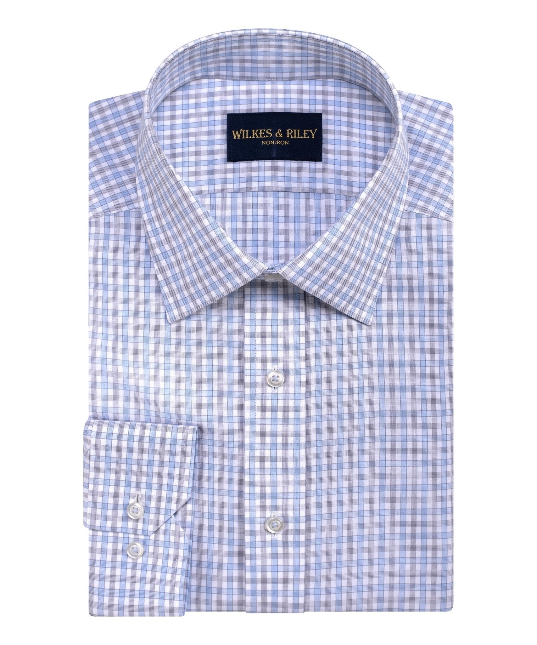 Sky/Grey EOE Check Spread Collar Non - Iron Broadcloth Dress Shirt - Wilkes & Riley, LLC