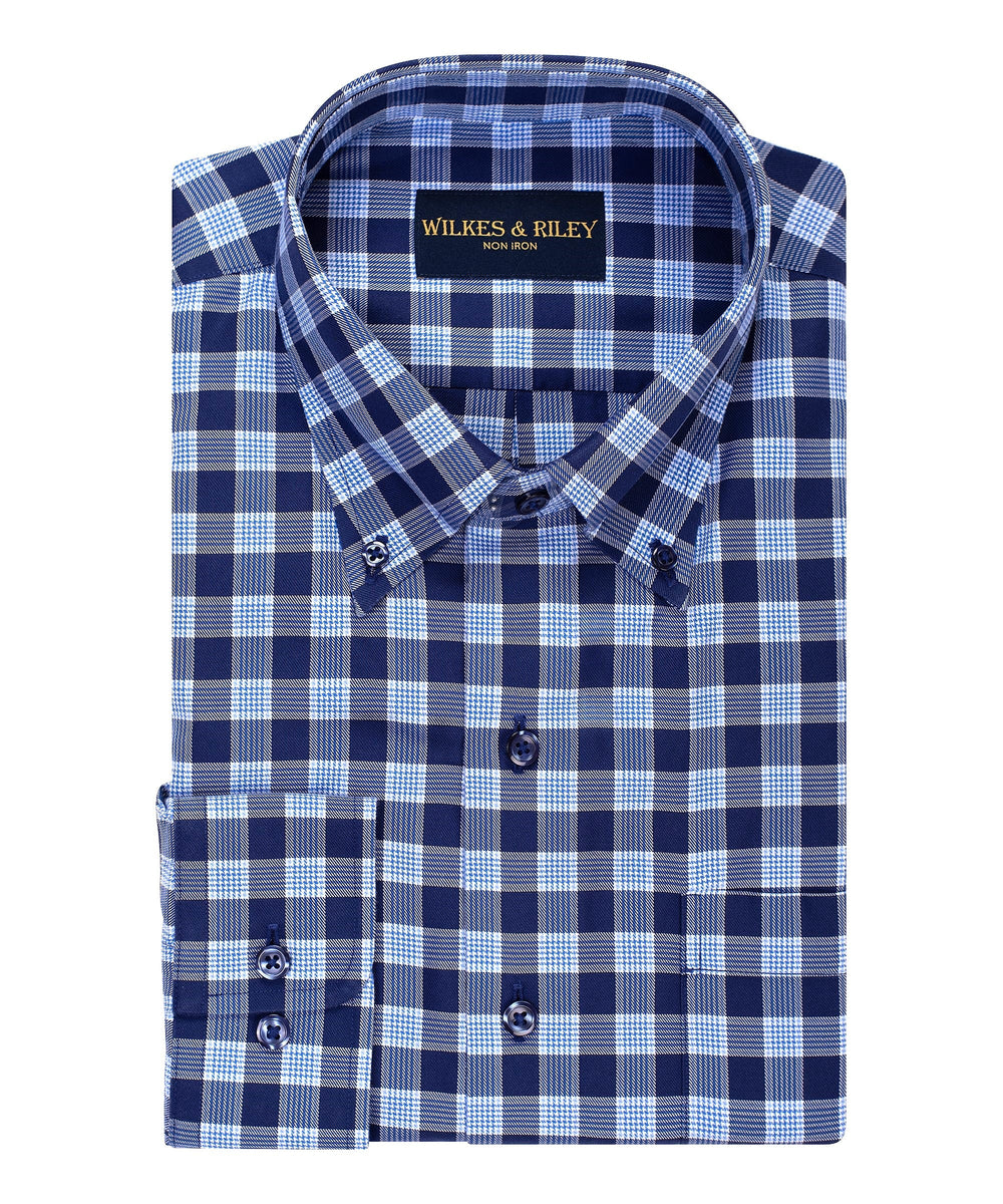 Tailored Fit Navy Houndstooth Twill Check Button-Down Collar Non-Iron Sport Shirt