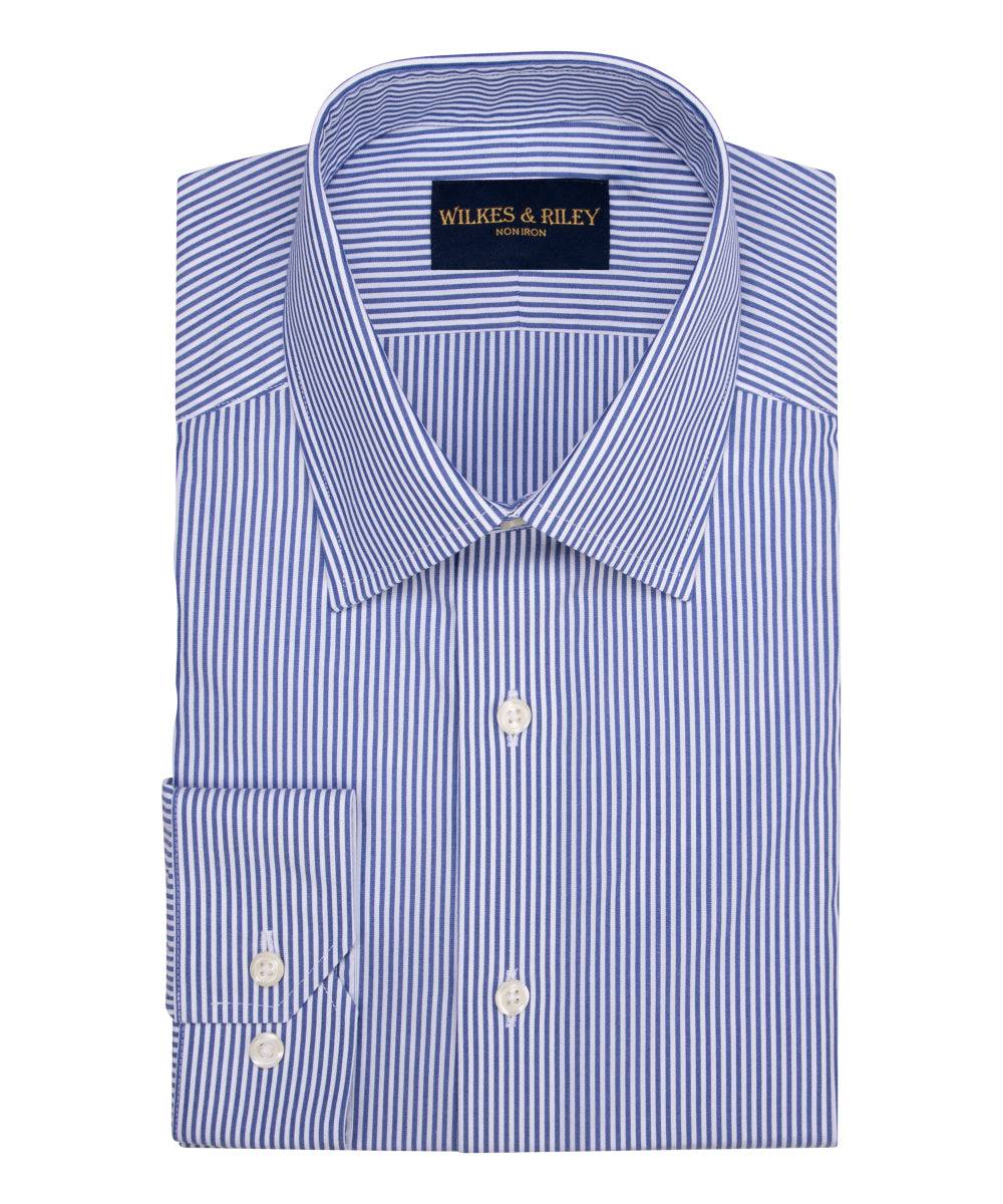 Tailored Fit Blue Bengal Stripe Spread Collar Non - Iron broadcloth Dress Shirt - Wilkes & Riley, LLC