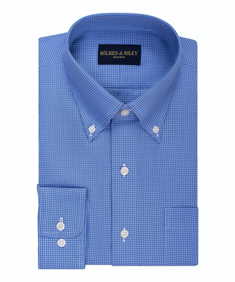 Tailored Fit Blue Mini Twill Check Button - Down Collar Non - Iron Sport Shirt - Wilkes & Riley, LLC