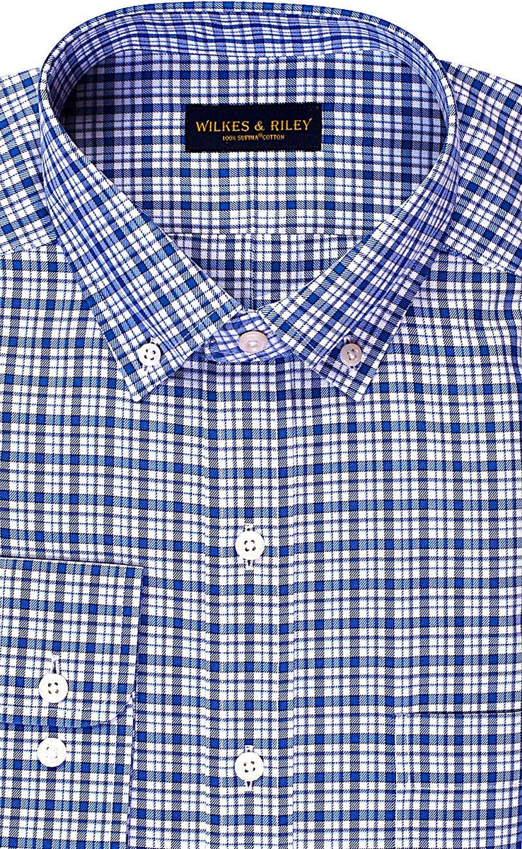 Tailored Fit Blue Multi Twill Plaid Button - Down Collar Non - Iron Sport Shirt - Wilkes & Riley, LLC