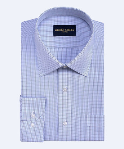 Tailored Fit Blue / Navy Microcheck Spread Collar  Non-Iron Broadcloth Dress Shirt