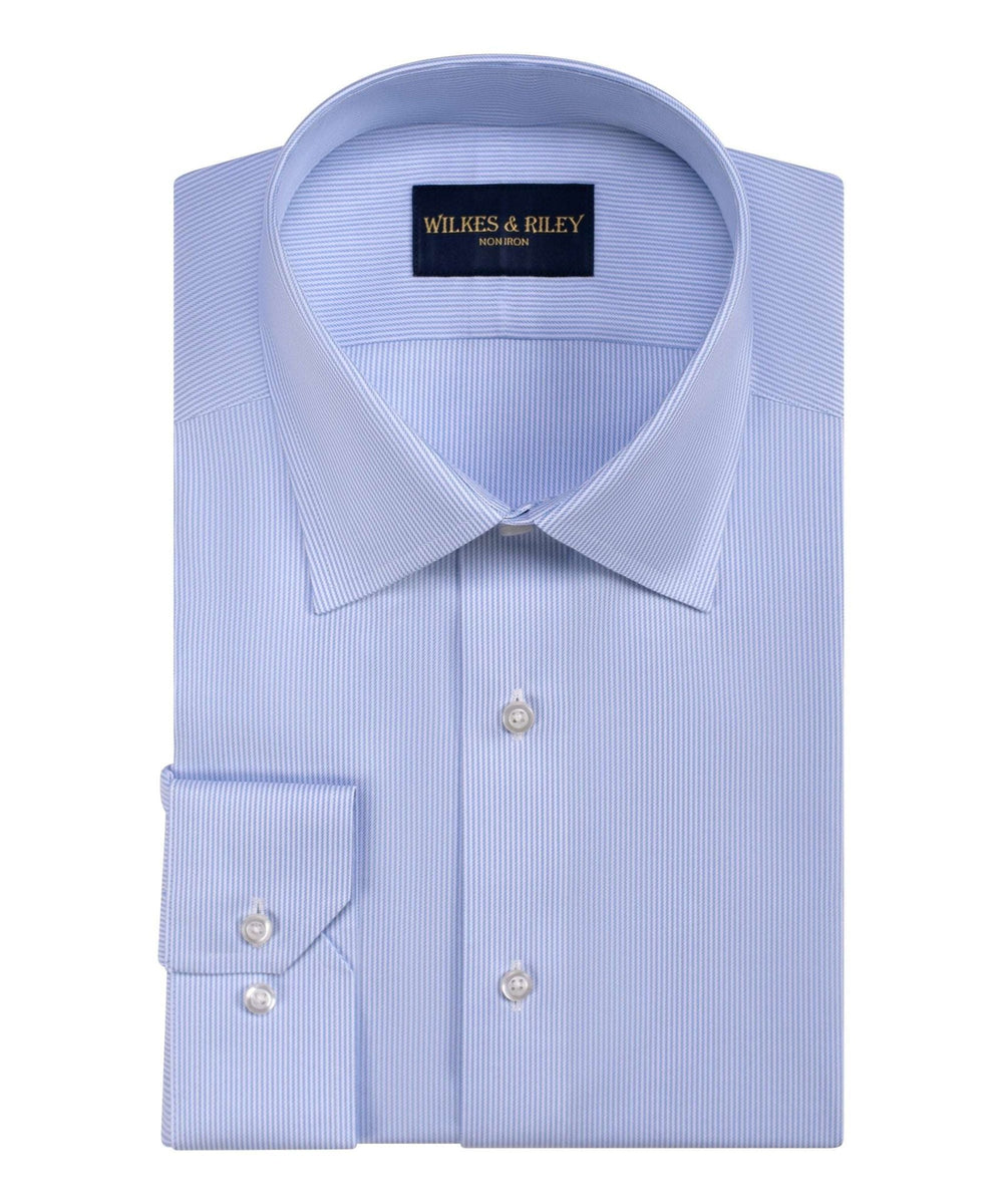 Tailored Fit Blue Stripe Spread Collar Non - Iron Twill Dress Shirt - Wilkes & Riley, LLC