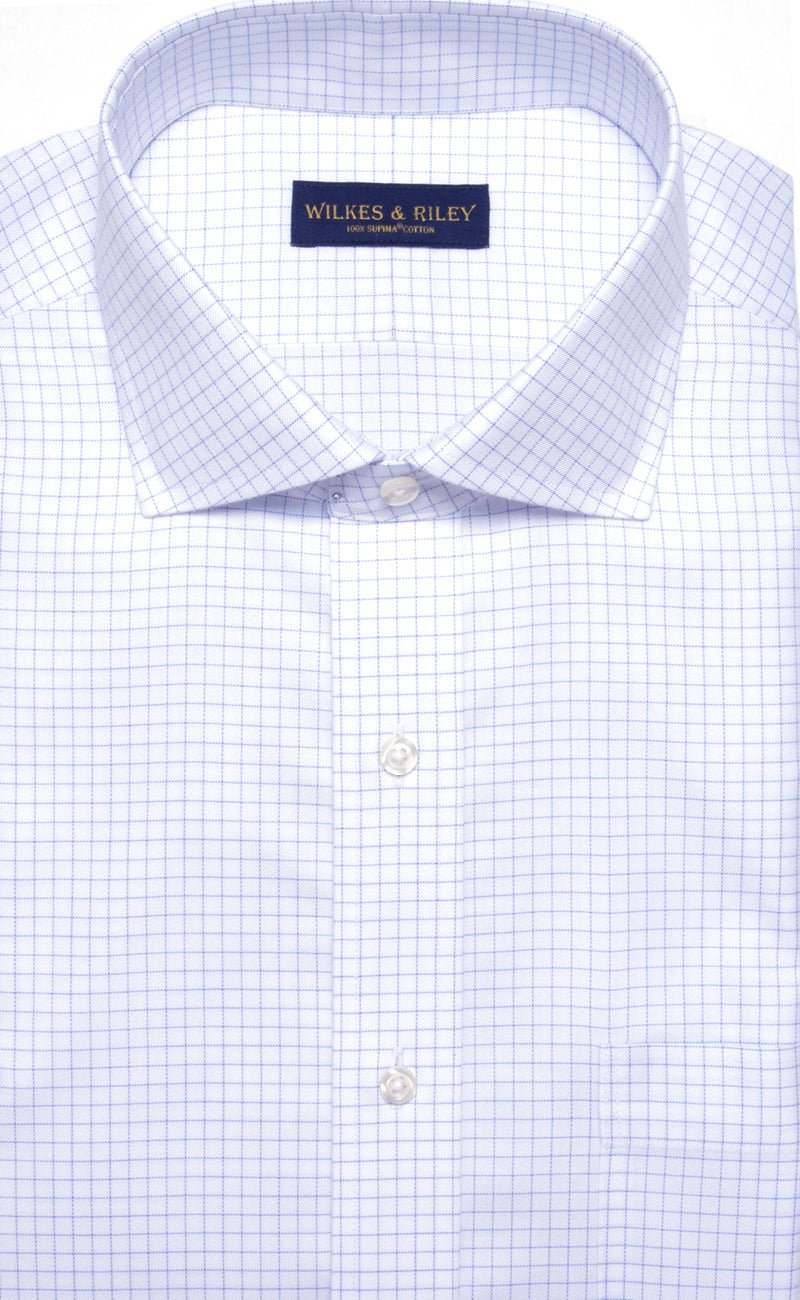 Regular Fit Blue Twill Check English Spread Collar Supima® Cotton Non-Iron Dress Shirt