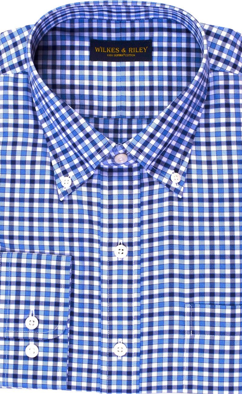 Tailored Fit DK Blue / Navy Twill Check Button - Down Collar Non - Iron Sport Shirt - Wilkes & Riley, LLC