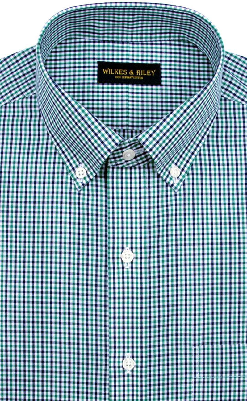Tailored Fit Green / Navy Tattersall check Button - Down Collar Supima® Non - Iron Cotton Broadcloth Sport Shirt - Wilkes & Riley, LLC