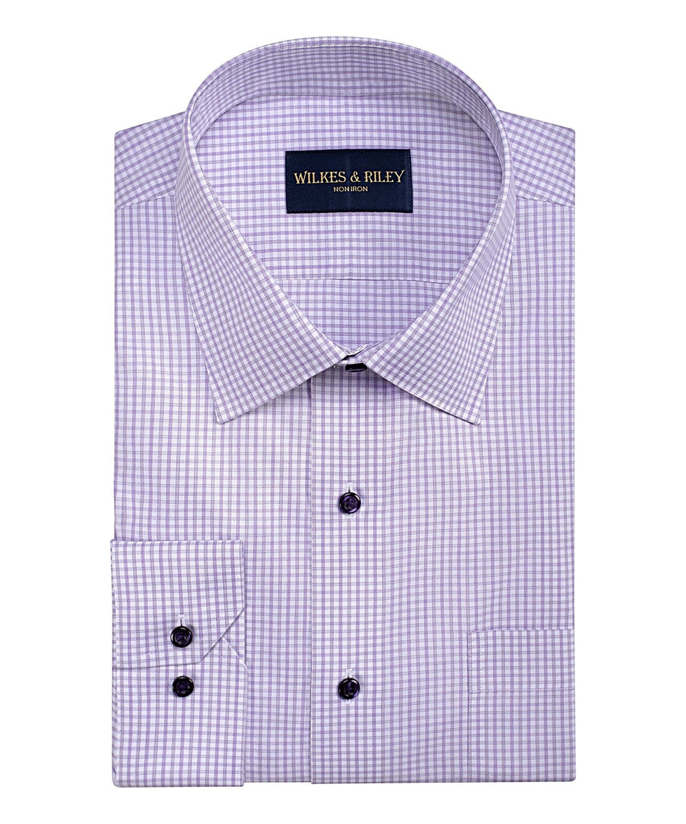 Tailored Fit Lavender / Grey Dobby Twill Check Spread Collar Non - Iron Dress Shirt - Wilkes & Riley, LLC