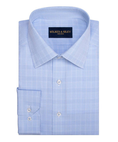 Tailored Fit Light Blue Glen Plaid Spread Collar  Non-Iron Broadcloth Dress Shirt