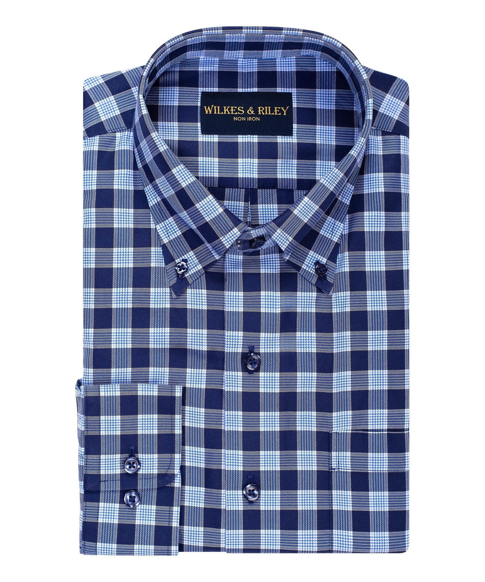 Tailored Fit Navy Herringbone Button - Down Collar Non - Iron Sport Shirt - Wilkes & Riley, LLC