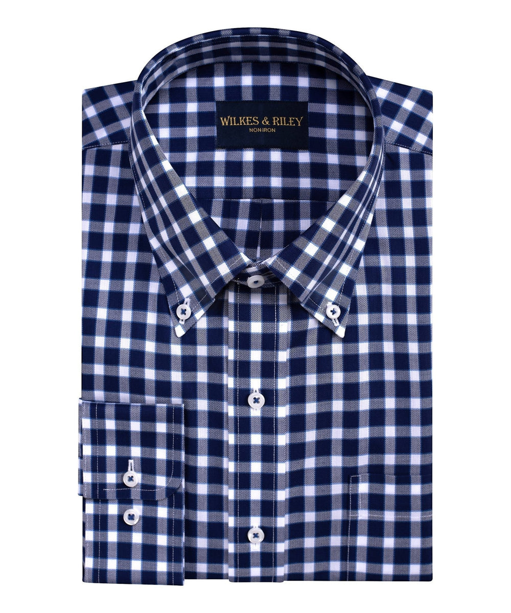 Tailored Fit Navy Herringbone Check Button - Down Collar Non - Iron Sport Shirt - Wilkes & Riley, LLC