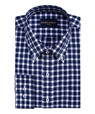 Tailored Fit Navy Herringbone Check Button-Down Collar Non-Iron Sport Shirt