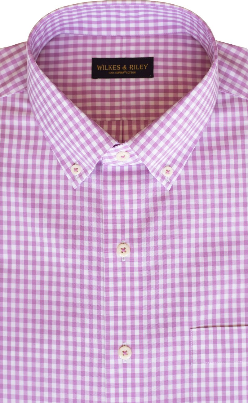 Regular Fit Pink Gingham Check Button-Down Collar Supima® Non-Iron Cotton Broadcloth Sport Shirt