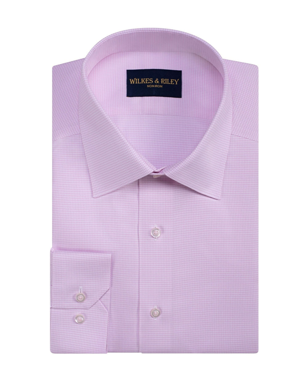 Tailored Fit Pink Houndstooth Spread Collar Non - Iron Twill Dress Shirt - Wilkes & Riley, LLC