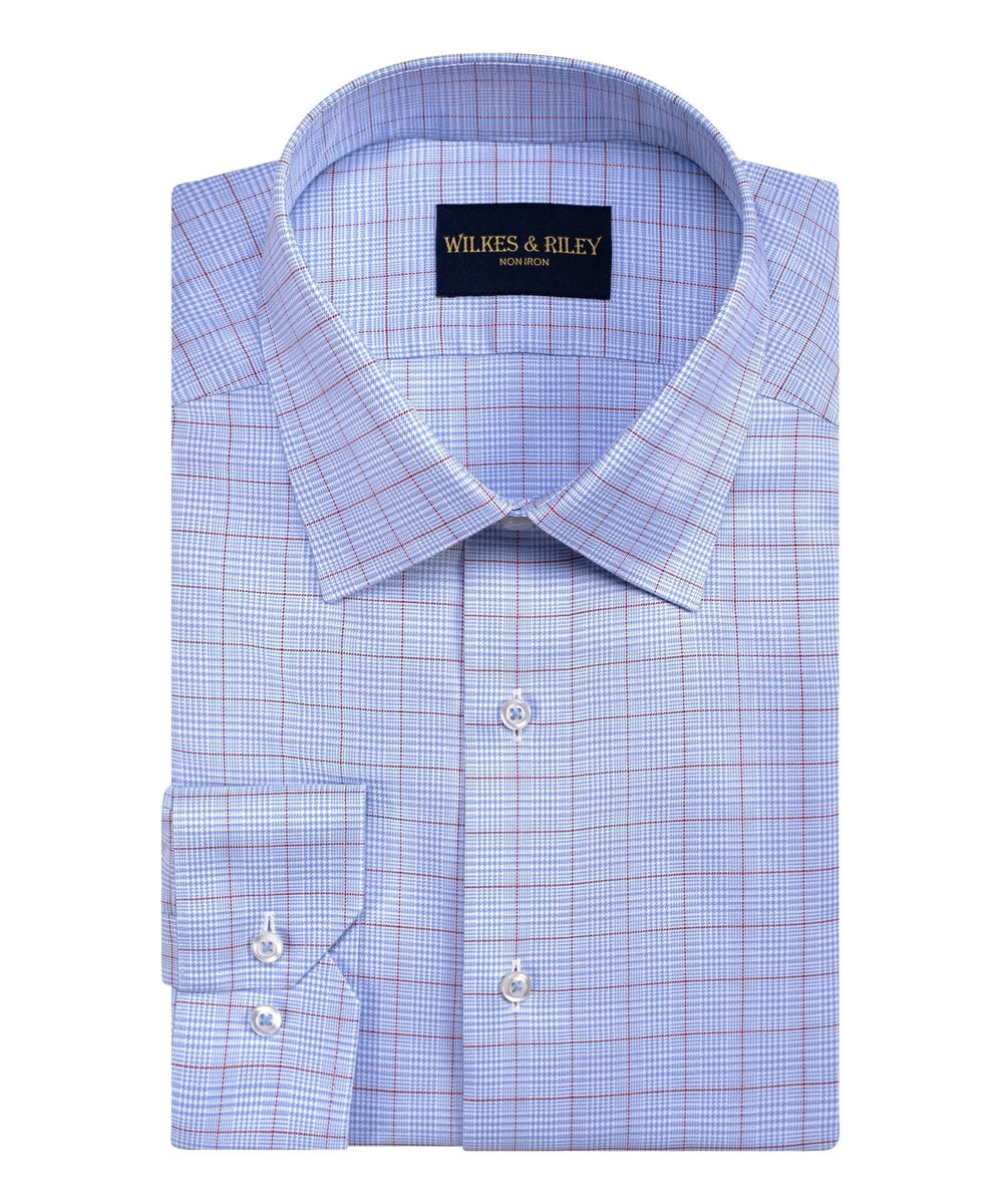 Tailored Fit Sky Blue / Burgundy Windowpane Spread Collar Non - Iron Dress Shirt - Wilkes & Riley, LLC