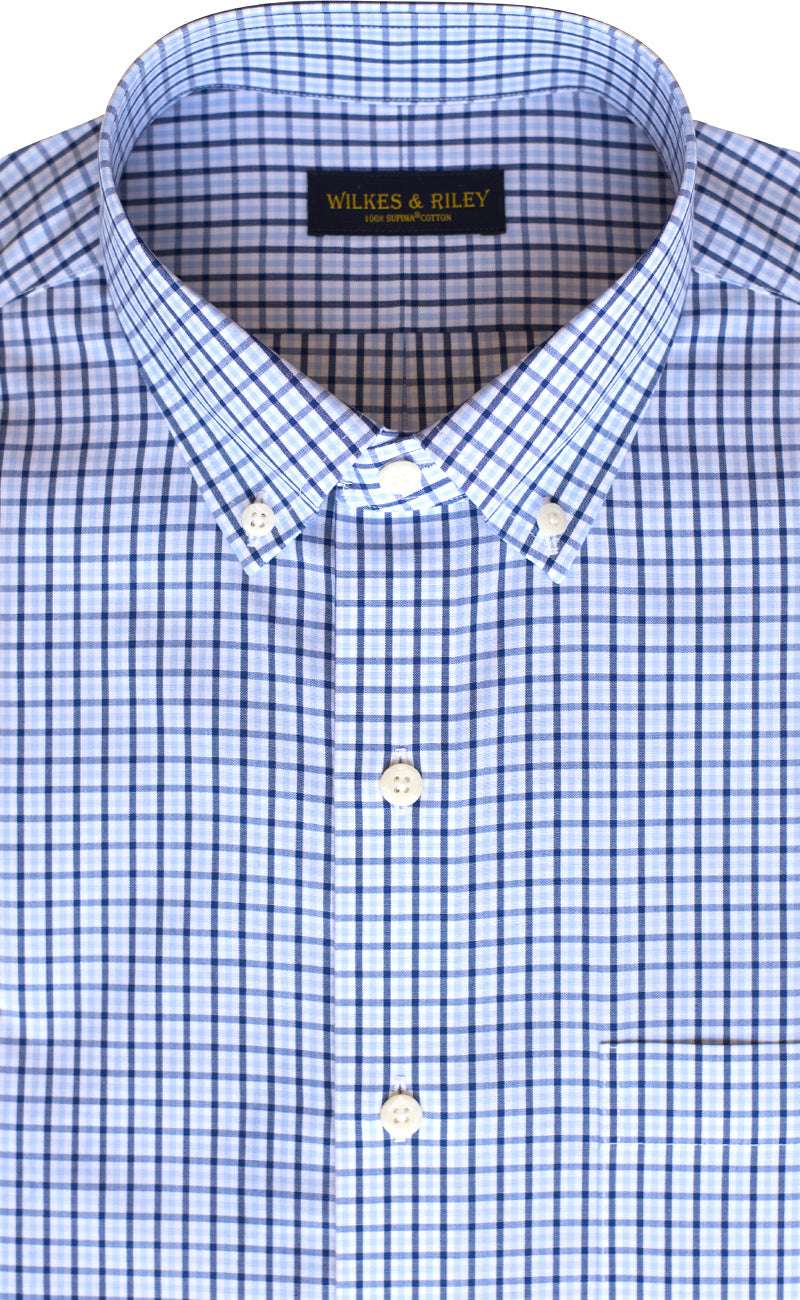 Tailored Fit Sky / Navy Tattersall check Button - Down Collar Supima® Non - Iron Cotton Broadcloth Sport Shirt - Wilkes & Riley, LLC