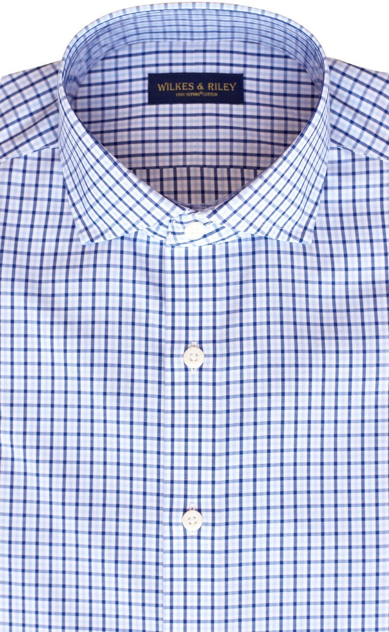Regular Fit Sky / Navy Tattersall check English Spread Collar Supima® Non-Iron Cotton Broadcloth Sport Shirt