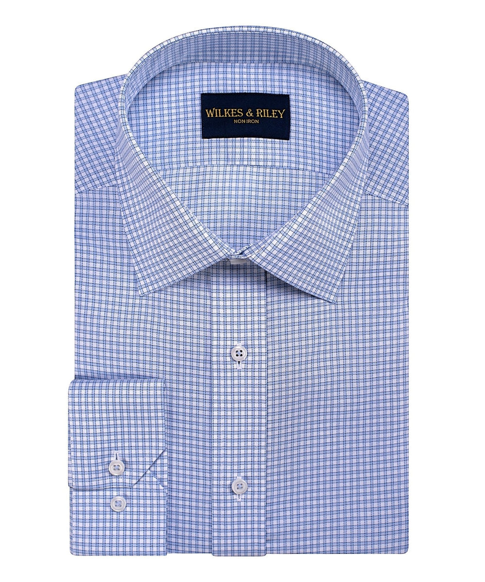 Tailored Fit Sky Oxford Check Spread Collar Non - Iron Dress Shirt - Wilkes & Riley, LLC