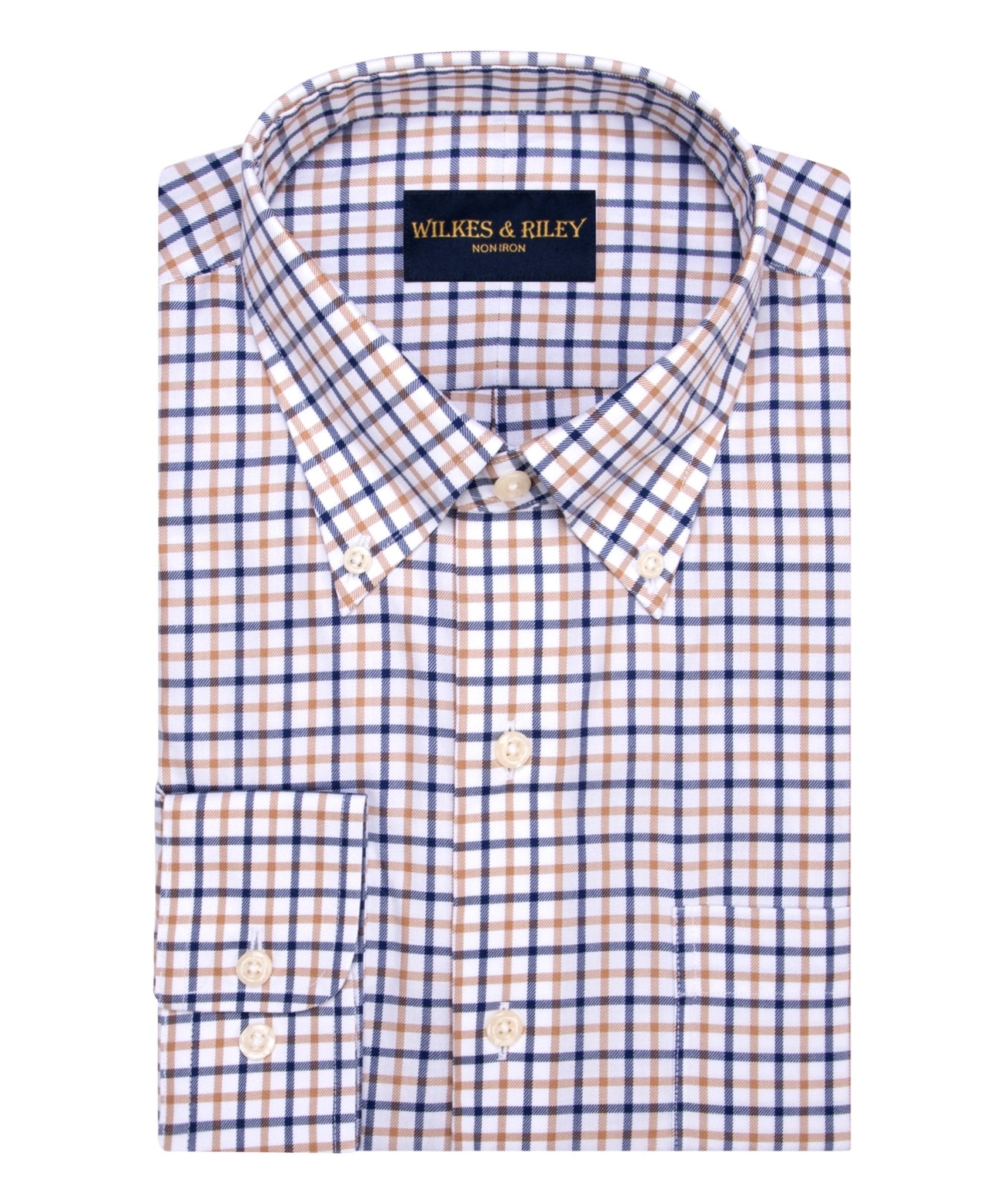 Tan / Navy Twill Check Button - Down Collar Non - Iron Sport Shirt - Wilkes & Riley, LLC