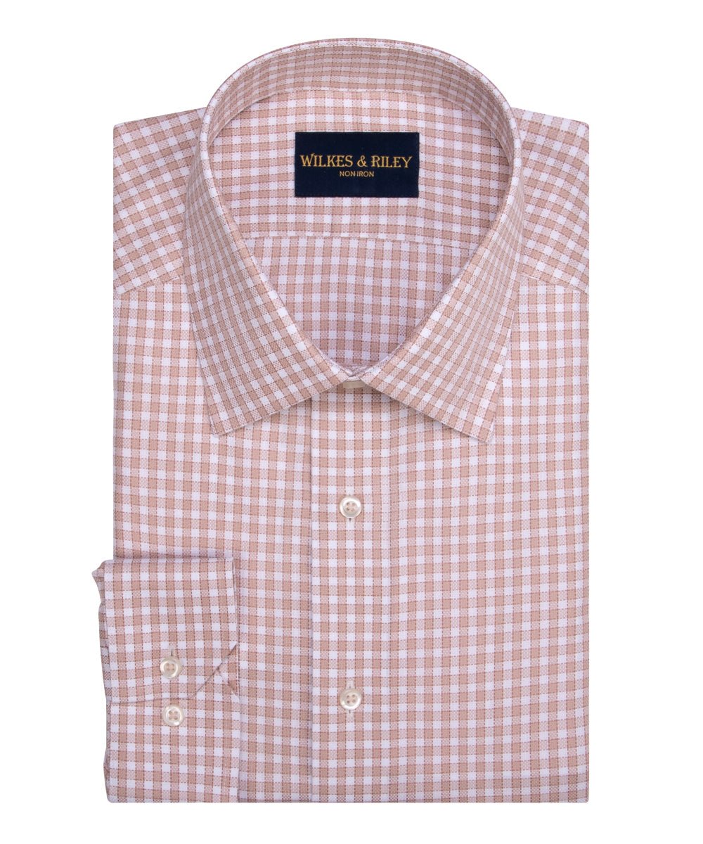 Tan Non - Iron Queens oxford Check Dress Shirt - Spread Collar - Wilkes & Riley, LLC