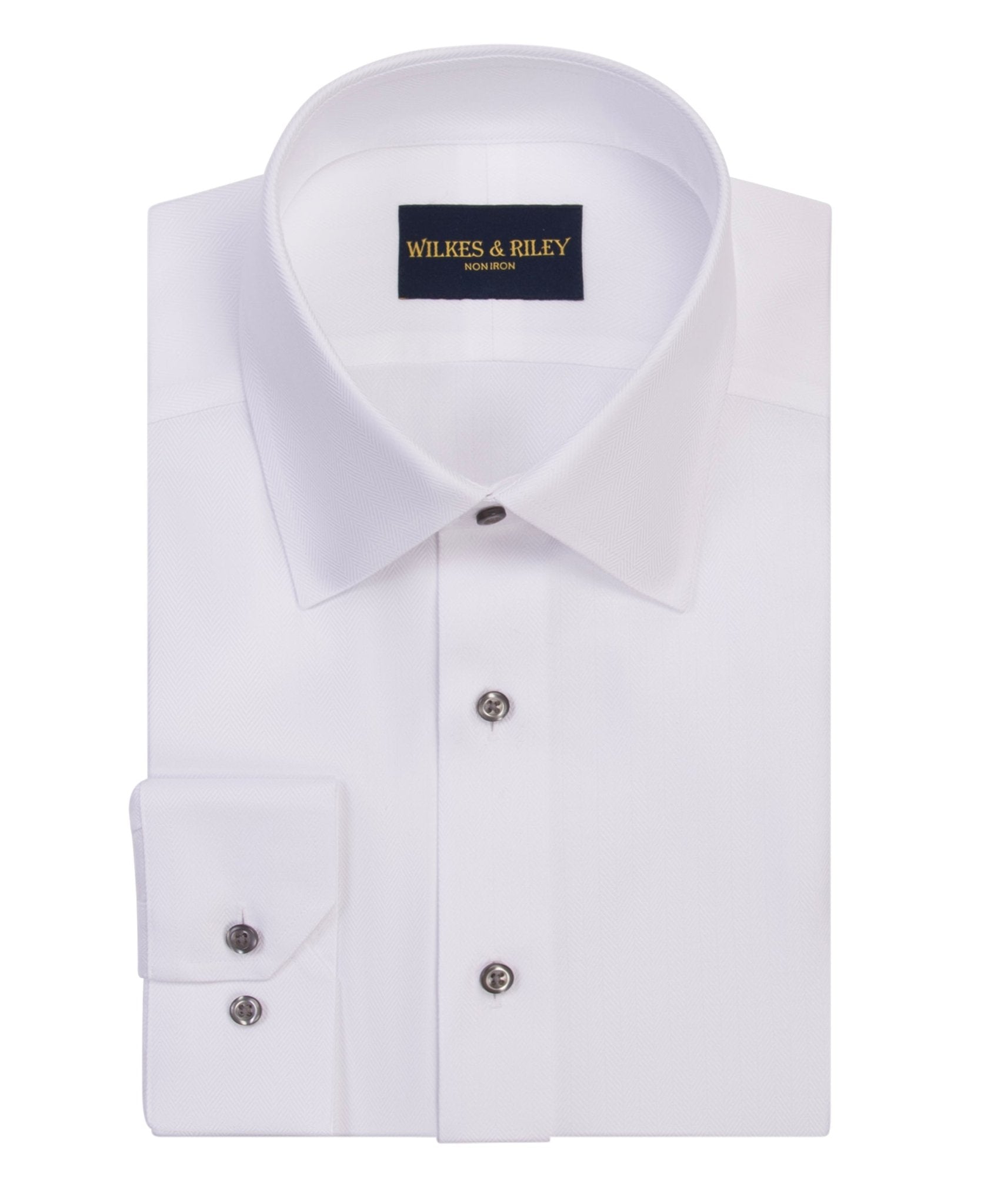 White Spread Collar Non - Iron Herringbone Dress Shirt - Wilkes & Riley, LLC