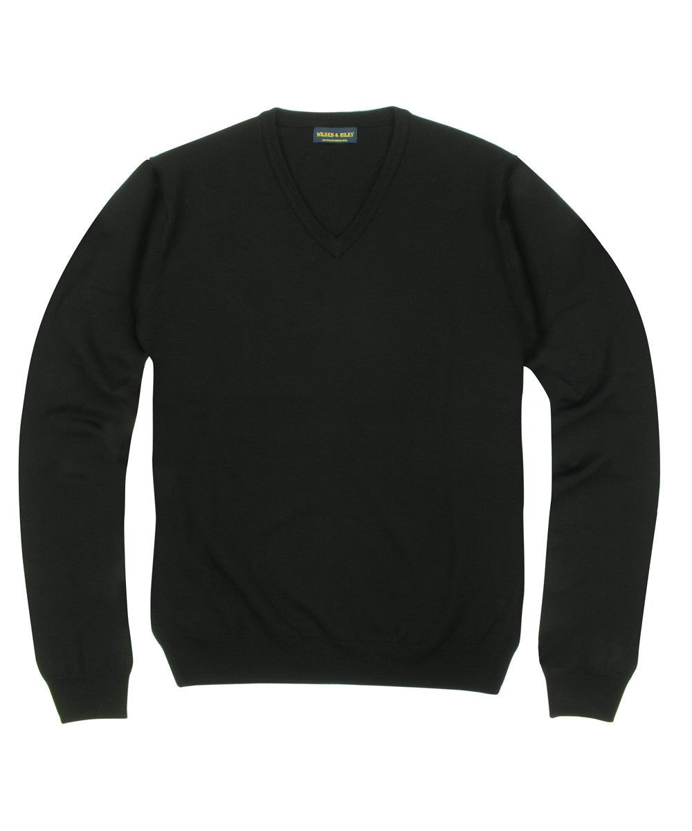 100% Pure Merino Wool Zegna Baruffa V - Neck Sweater - Black - Wilkes & Riley, LLC
