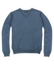100% Pure Merino Wool Zegna Baruffa V - Neck Sweater - Blue - Wilkes & Riley, LLC