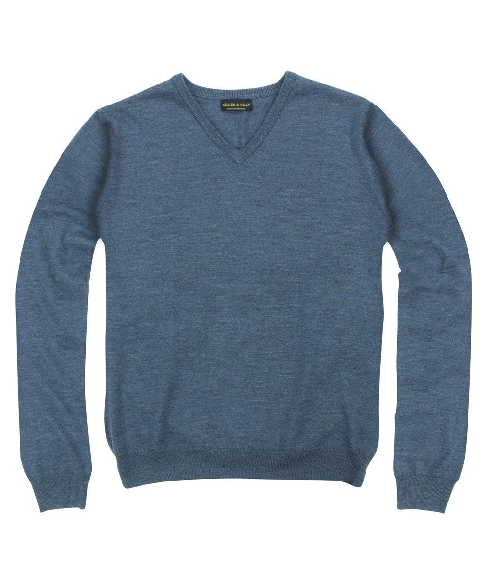 100% Pure Merino Wool Zegna Baruffa V - Neck Sweater - Blue - Wilkes & Riley, LLC