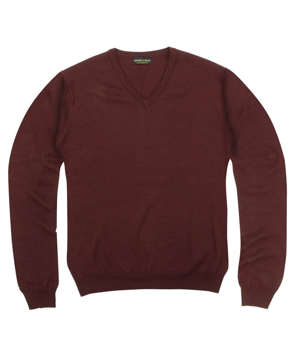 100% Pure Merino Wool Zegna Baruffa V - Neck Sweater - Burgundy - Wilkes & Riley, LLC