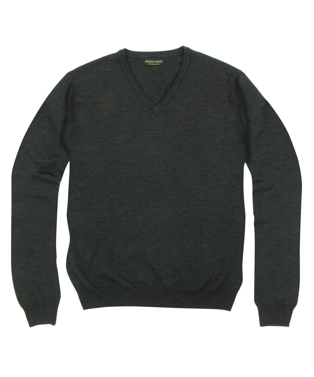 100% Pure Merino Wool Zegna Baruffa V - Neck Sweater - Charcoal - Wilkes & Riley, LLC