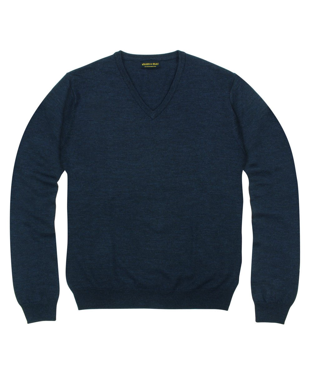 100% Pure Merino Wool Zegna Baruffa V - Neck Sweater - Navy - Wilkes & Riley, LLC