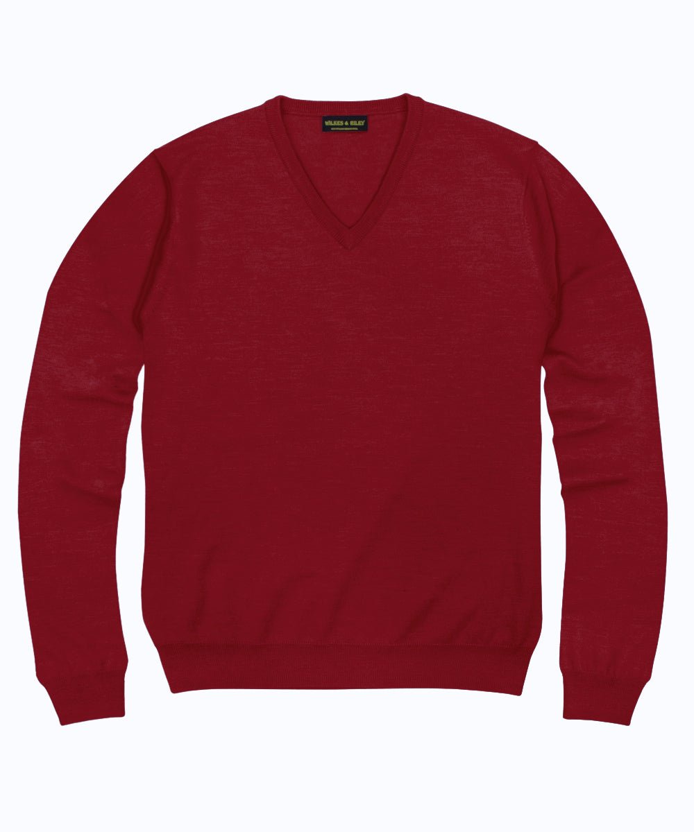 100% Pure Merino Wool Zegna Baruffa V - Neck Sweater - Red - Wilkes & Riley, LLC