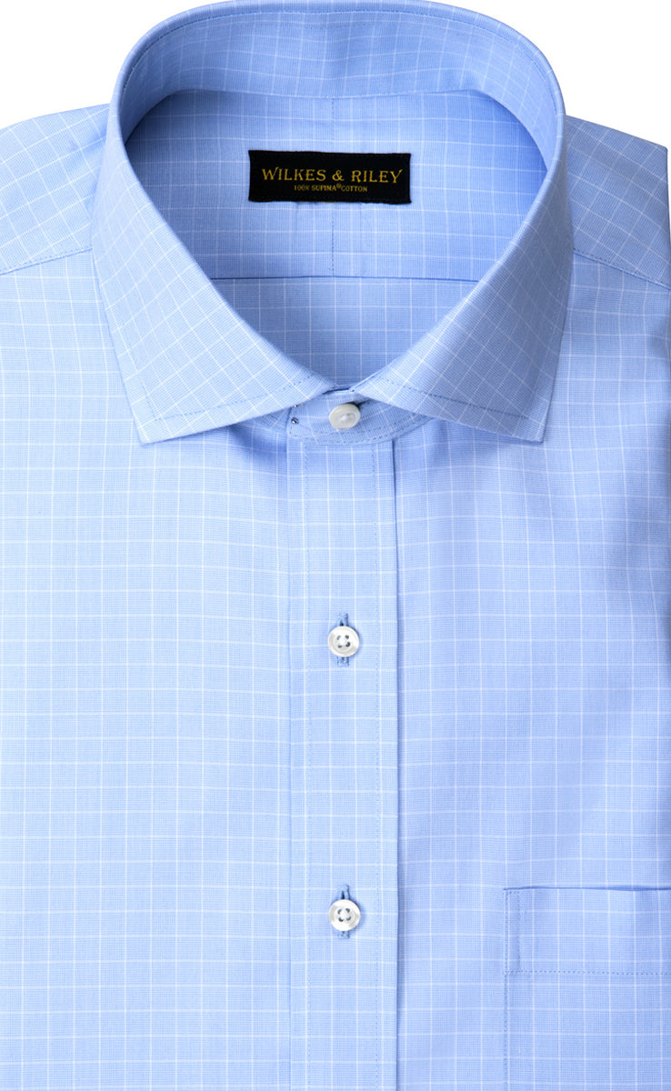 Wilkes & Riley Light Blue Pinpoint Check English Spread Collar