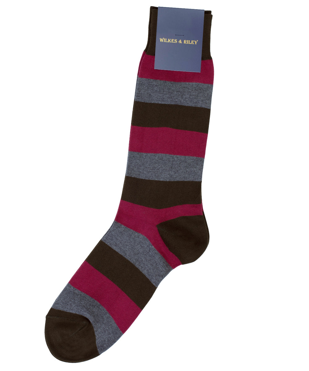 Red, Grey, Olive Three Color Multi Stripe Cotton Sock- Mid Calf