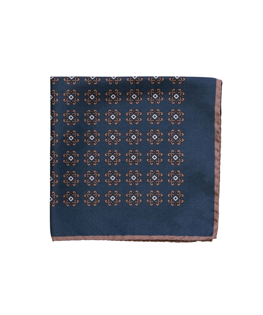 Wilkes & Riley Hand-Rolled Pocket Square - Navy With Gold Medallion