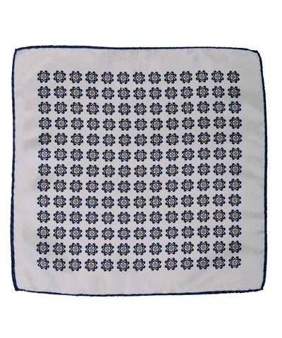 Wilkes & Riley Hand-Rolled Pocket Square - Creme With Navy & Gold Medallion