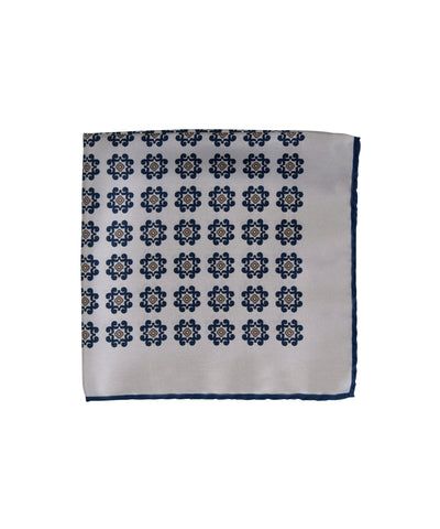 Wilkes & Riley Hand-Rolled Pocket Square - Creme With Navy & Gold Medallion