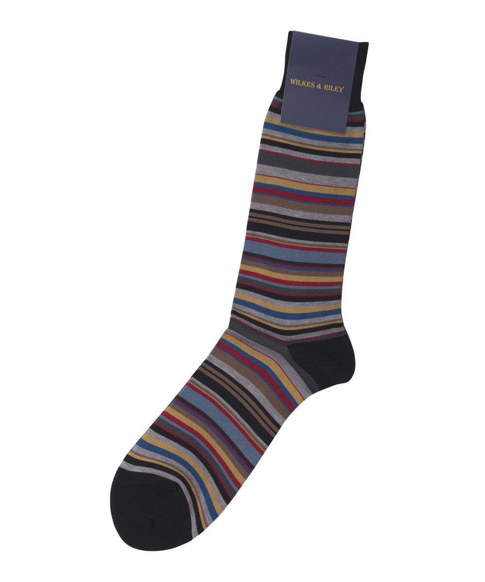 Blue/Red/Yellow/Grey multi Stripe Cotton Mid-Calf Sock