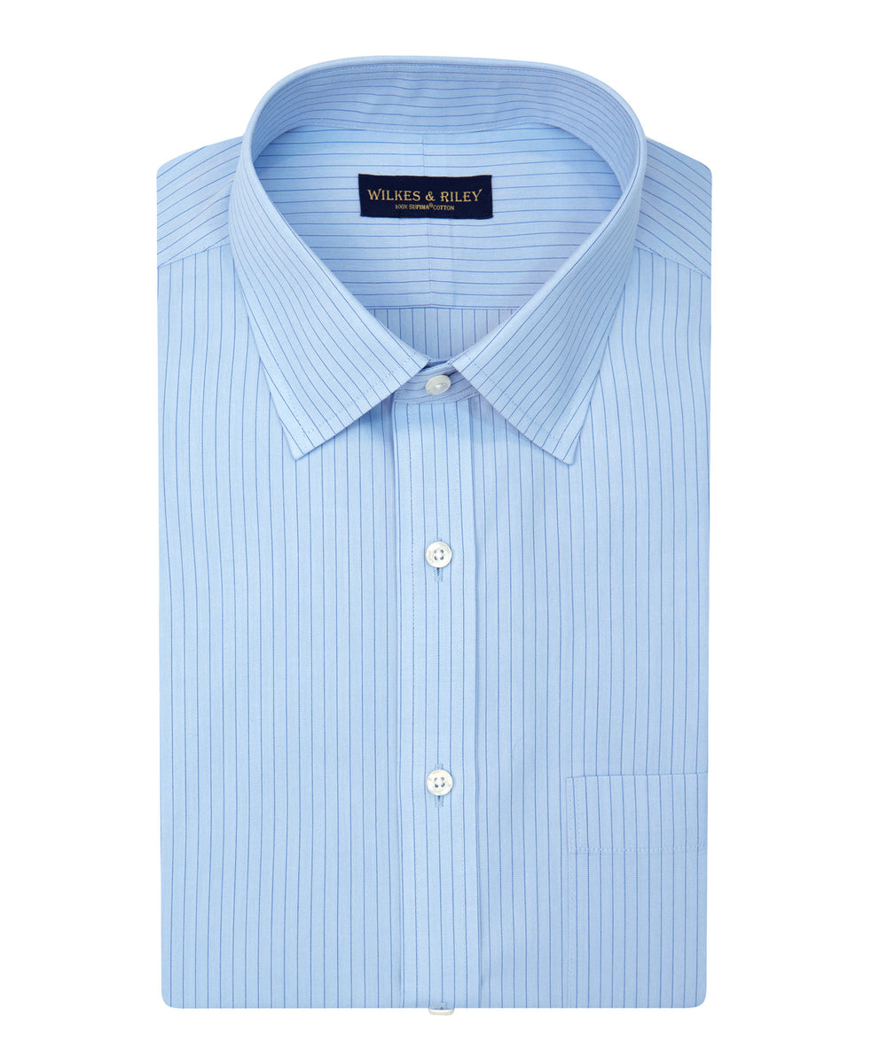 Wilkes and Riley Tailored Fit Blue With Navy Stripe Spread Collar Supima® Cotton Non-Iron Broadcloth