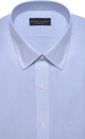Wilkes & Riley Slim Fit Blue Mini Check Spread Collar Supima® Cotton Non-Iron Broadcloth Dress Shirt