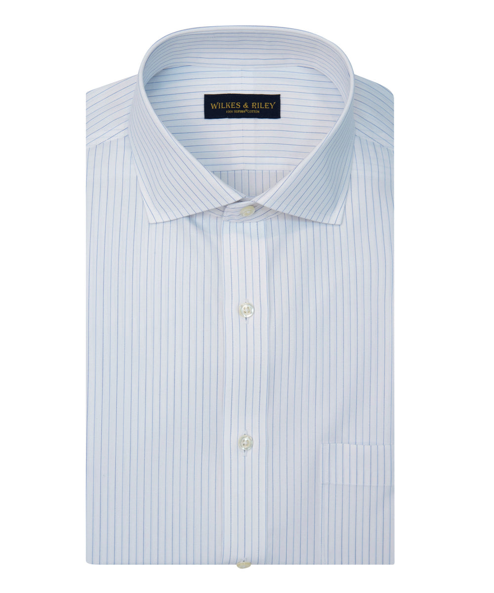 Wilkes and Riley Slim Fit Blue/ Navy Alternating Stripe English Spread Collar Supima® Cotton Non-Iron Broadcloth Dress Shirt