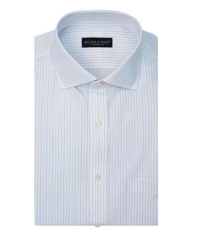 Slim Fit Blue/ Navy Alternating Stripe English Spread Collar Supima® Cotton Non-Iron Broadcloth Dress Shirt