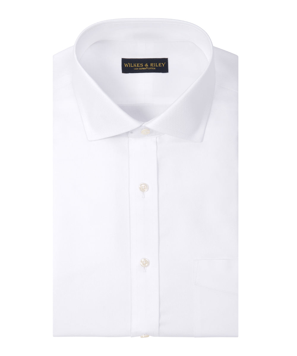 Slim Fit White Basketweave English Spread Collar Supima® Cotton Non-Iron Dress Shirt