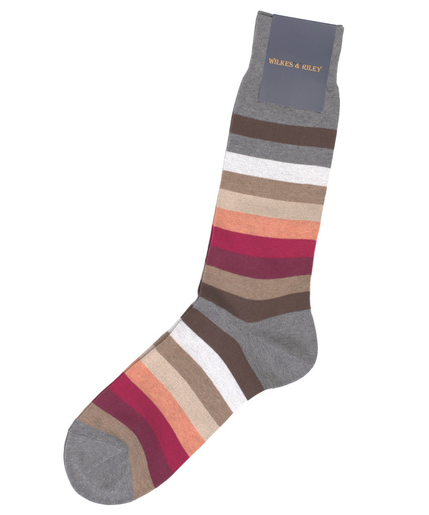 Grey Multi Bar Stripe Cotton Sock - Mid Calf