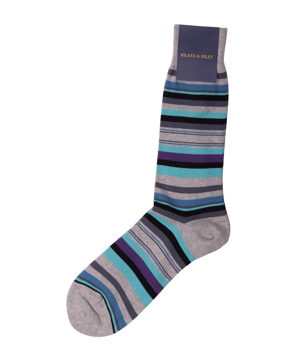 Grey, Aqua, Plum Multi Stripe Cotton - Mid Calf