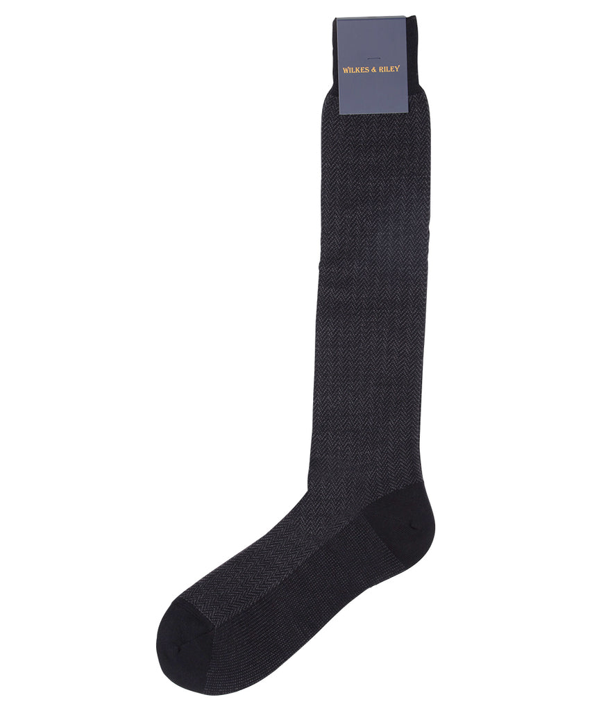Black Herringbone Zegna Baruffa Merino Wool - Over the Calf sock