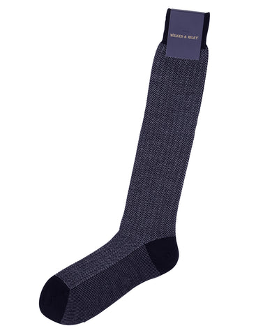 Navy Herringbone Zegna Baruffa Merino Wool - Over the Calf sock