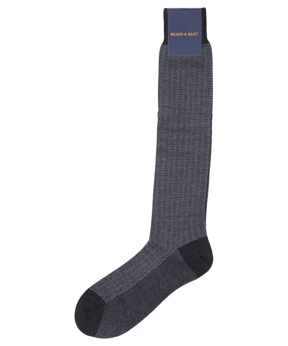 Charcoal Herringbone Zegna Baruffa  Merino Wool - Over the Calf sock
