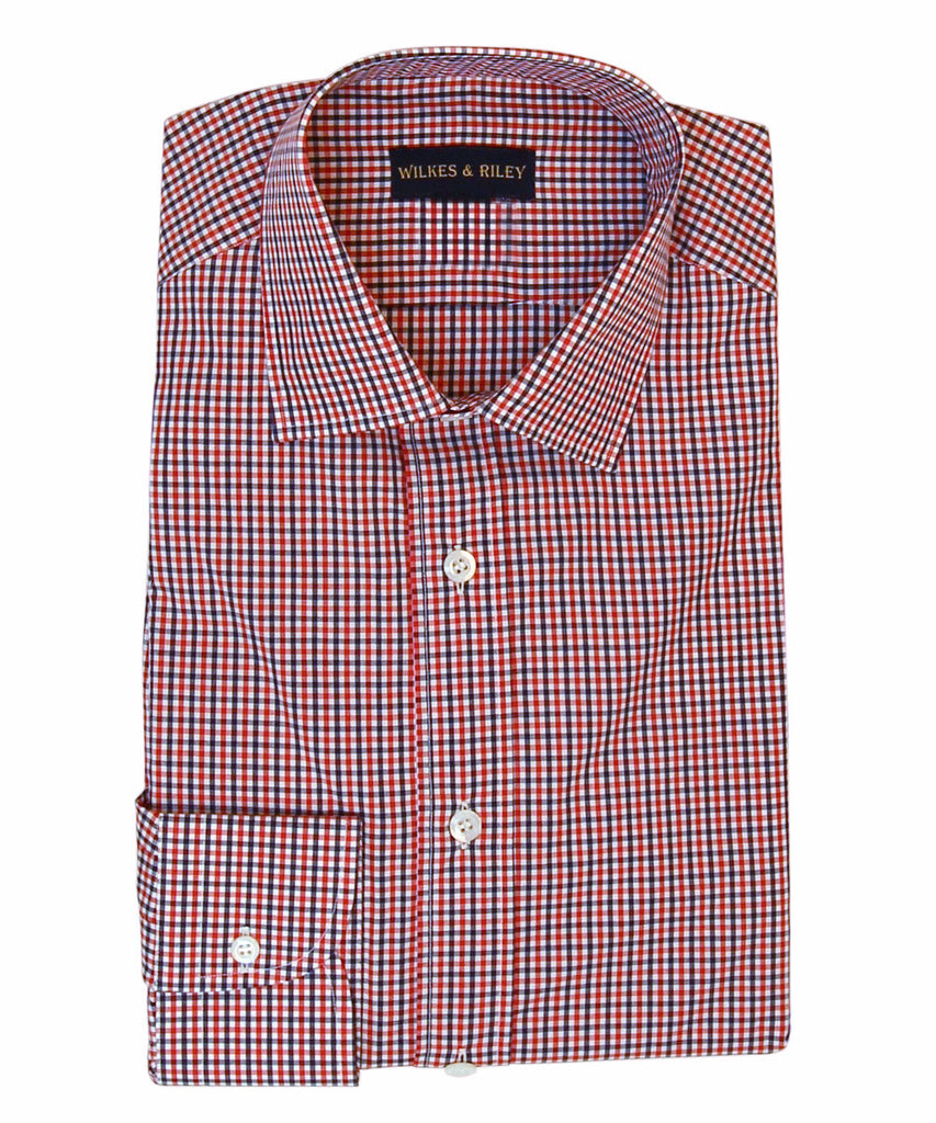 Wilkes & Riley Navy and Red Check English Spread Collar Button Cuff Men's Button Down Shirt. 