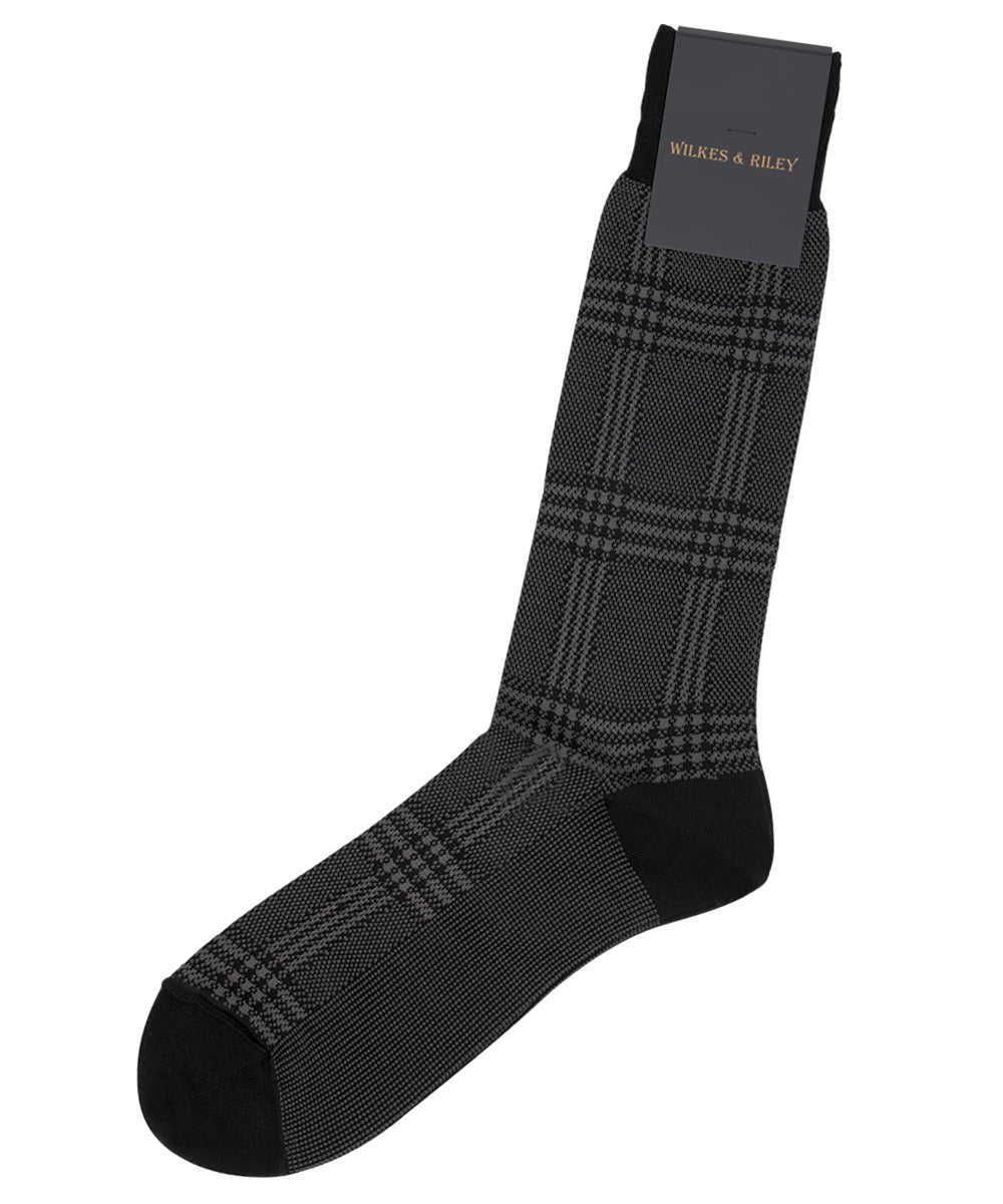Black Large Plaid Egyptian Cotton - Mid Calf Sock