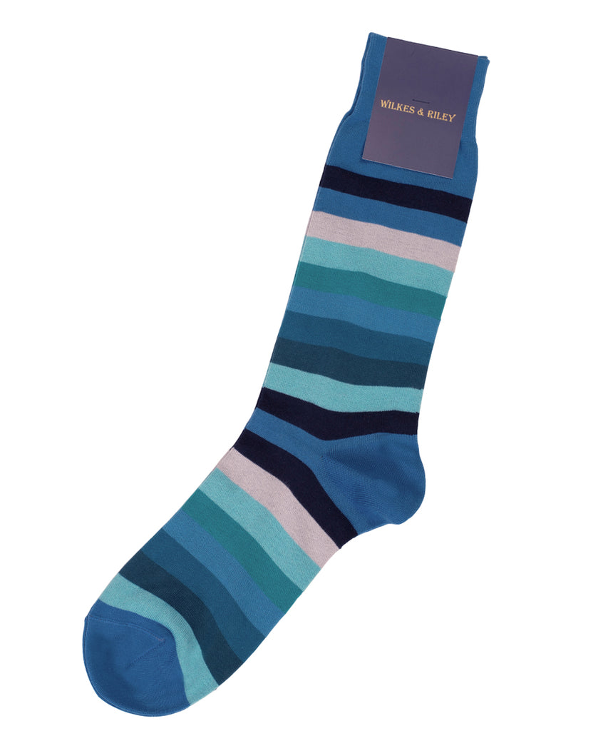 Blue Multi Bar Stripe Cotton Sock - Mid Calf